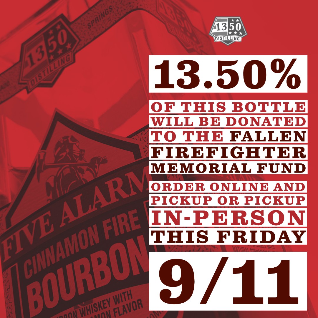 1350distilling's tweet photo. No artificial flavors, coloring, additives or sugars! The best tasting #Cinnamon #Fire #Bourbon we call #FiveAlarm. From now until Saturday 9/12 at midnight 13.50% of ea bottle donated to Fallen FF Memorial - Order online today. Pickup on Friday 9/11 @local5iaff  #1350spirit https://t.co/bu4L8KBmMh