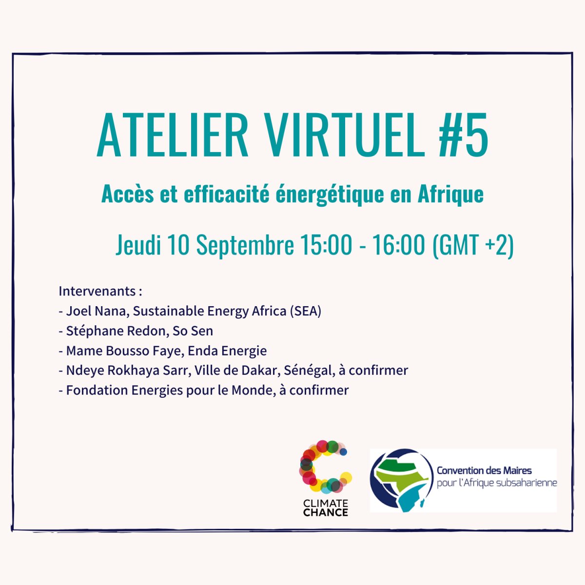 ‼️ VIRTUAL WORKSHOP. Join the next Thursday, Sept 10 at 15h (CET). CoM SSA and <a href="/ClimateChance/">Climate Chance</a> are organizing a workshop on Renewable #Energy in #Africa and how the #COVID is affecting the ongoing projects. In 🇫🇷 and 🇬🇧

Register👉us02web.zoom.us/webinar/regist…

#climateaction #CoMSSA