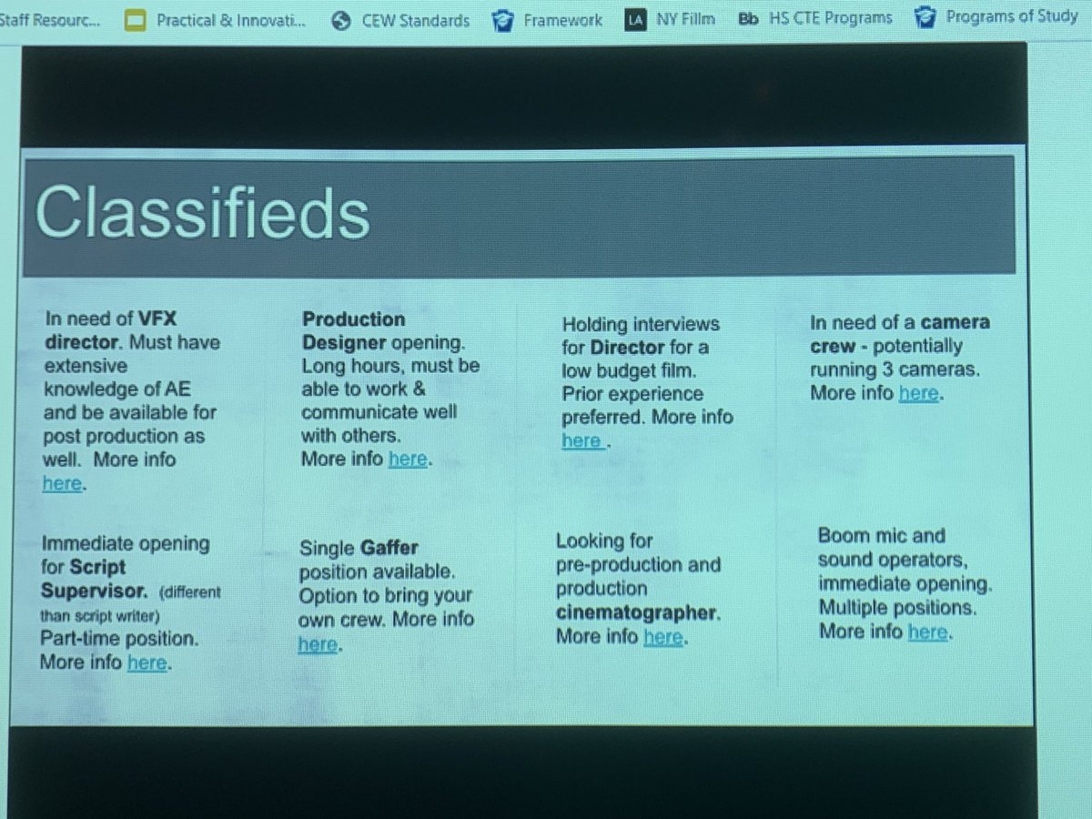 MrsKaseySmith's tweet photo. #FilmAndStudio Ss are learning about hiring on a budget! They are determining which of these positions are essential & if they have the funds. Next week we will talk about getting interns π #WarriorWay #GASDisGreat https://t.co/AvSMWUfa2Z