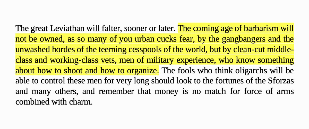 cw: racismIn a shocking and threatening call for race war and violent insurrection, BAP's neo-Nazi manifesto concludes that "the coming age of barbarism" will be owned by "men of military experience, who know something about how to shoot and how to organize"