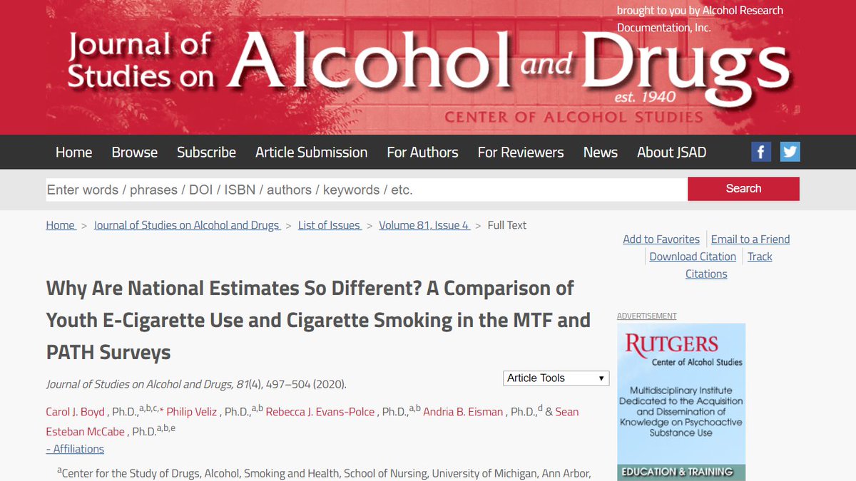 JSADJournal's tweet photo. Why Are National Estimates So Different? A Comparison of Youth #ECigarette Use and #Cigarette Smoking in the MTF and PATH Surveys
@AndriaEisman @umichdash @umichmedicine @umichsph @umisr @UMichiganNews
#vaping #ecigarettes #MonitoringtheFuture #PATHStudy
https://t.co/hhqWcjgyui https://t.co/IlRWJpLcZ2
