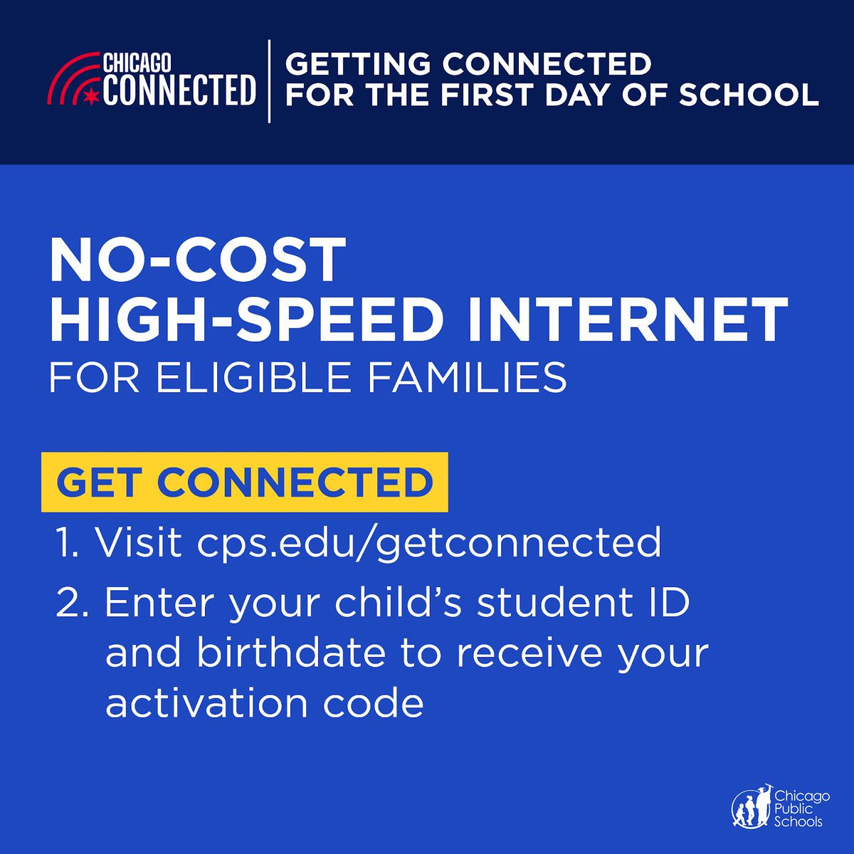 It’s the first day of school, but not too late to get connected.  Chicago Connected provides no-cost, high speed internet to 100,000 <a href="/ChiPubSchools/">CPS - Chicago Public Schools</a> families.  Visit CPS.edu/getconnected to check eligibility.
