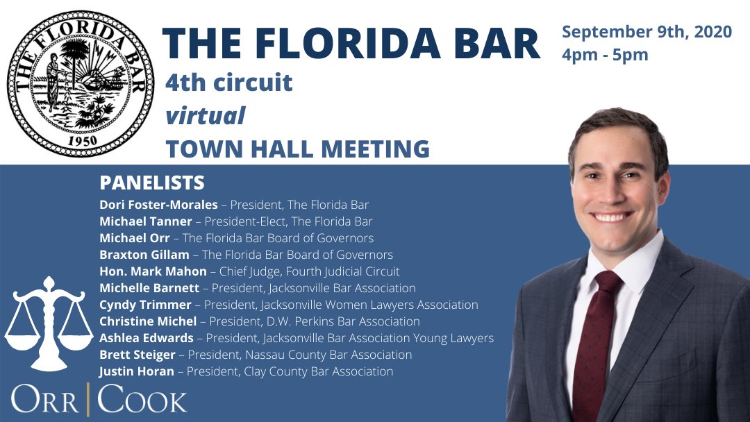 orrcooklaw's tweet photo. Join @TheFlaBar and other 4th Circuit judicial and bar leaders on September 9 from 4 – 5 pm for a Virtual Town Hall. Visit this link to register and get the Zoom information: https://t.co/j3jeXOyfyy

#floridabar #townhall #4thcircuit #jacksonville #florida https://t.co/azyIaPzpRK
