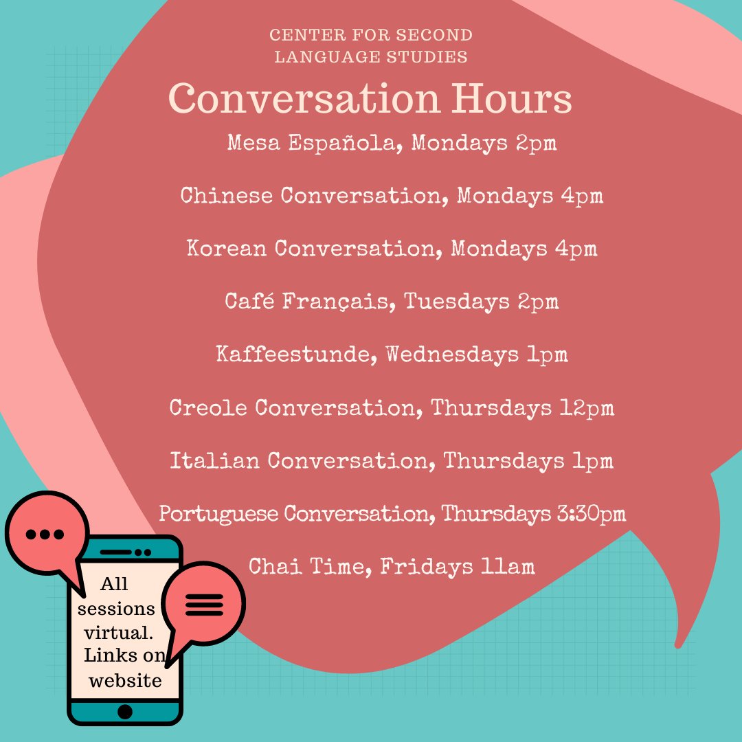 Vandy_VCL's tweet photo. The Center has several #conversationhours set up on Zoom, from café Français to Chai time. We have almost all the languages covered. Visit our website for more information about how to join your favorite conversation hour. https://t.co/3Jnz1d87Jp
#vandycsls #maskup #AnchorDown https://t.co/YEFNJtYlAV