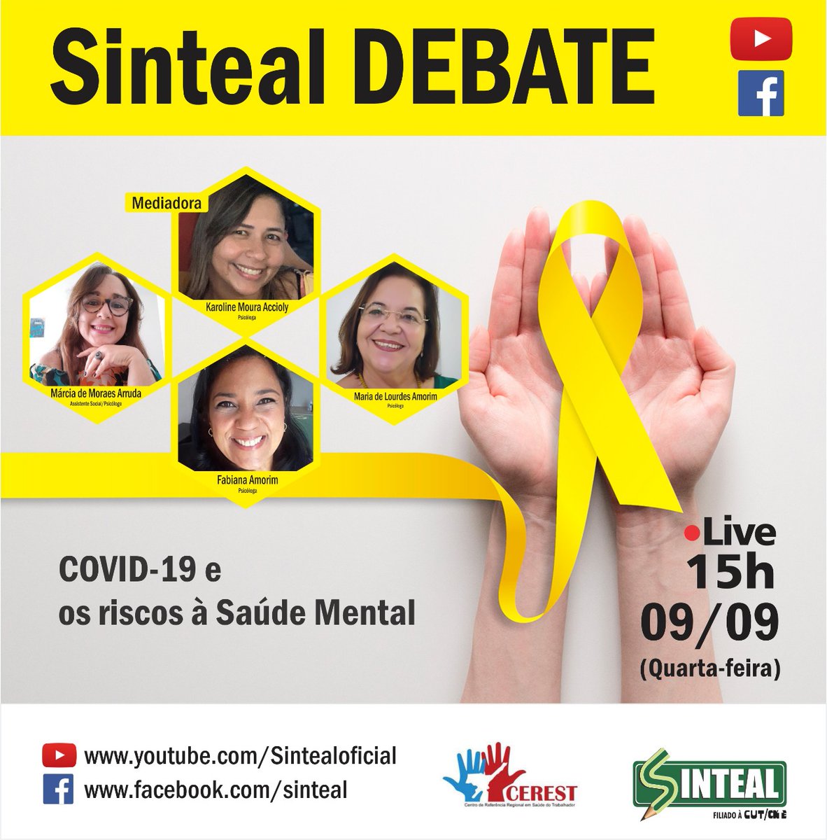 SintealOficial's tweet photo. Em abertura às atividades relativas ao Setembro Amarelo, o #Sinteal realiza nesta quarta (9), uma live – no YOUTUBE e no FACEBOOK – com o tema "COVID-19 e a os riscos à Saúde Mental", em parceria com o #Cerest. Por causa da pandemia, as atividades do #SetembroAmarelo serão online https://t.co/Gte07bsz2Q