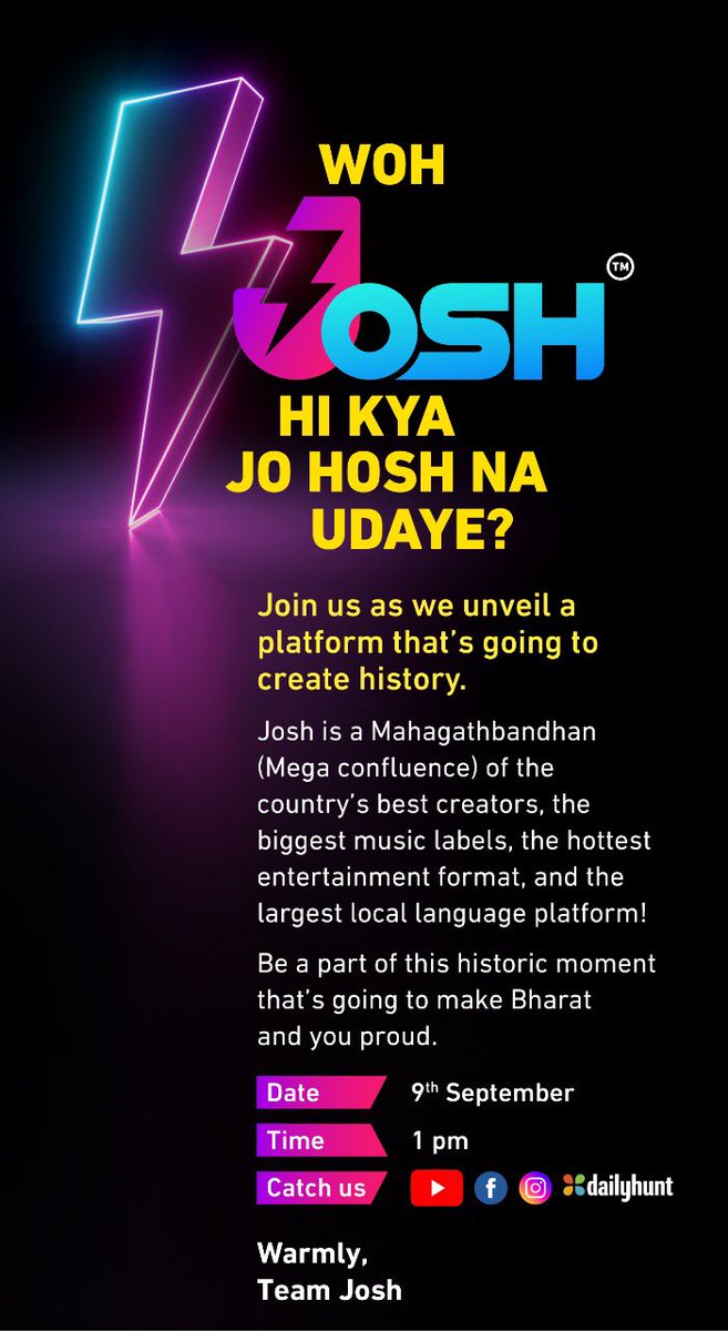 umang_bedi's tweet photo. Really excited &amp; happy to invite you to the LIVE launch of Josh- a truly made-in-Bharat-for-Bharat-by-Bharat-in-10-Bhartiya languages-hosted-in-Bharat short video platform! @viru21 
Instagram-https://t.co/K4K2e0hH8p
Facebook-https://t.co/Fsv6eChRWO
Youtube-https://t.co/eDCp5Dzhn0 https://t.co/KCFOpONyIW