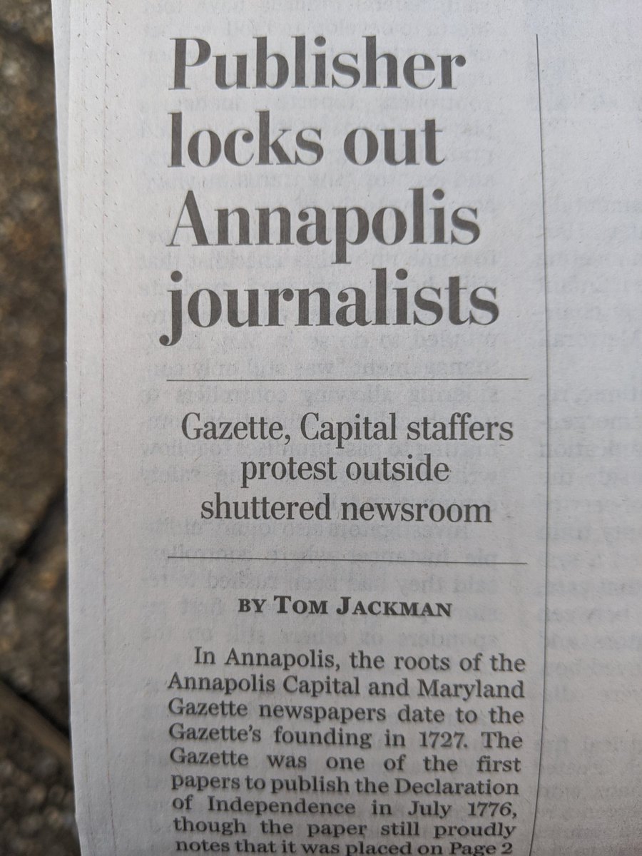 Where we're at in local journalism: Tribune is getting rid of many of its actual newsrooms. In Annapolis, reporters planned to clear their desks yesterday and stage a small protest. So Tribune locked them out, for "important Covid-related health concerns." https://t.co/Gp6v4zldO6 https://t.co/bxqThP8Cwz