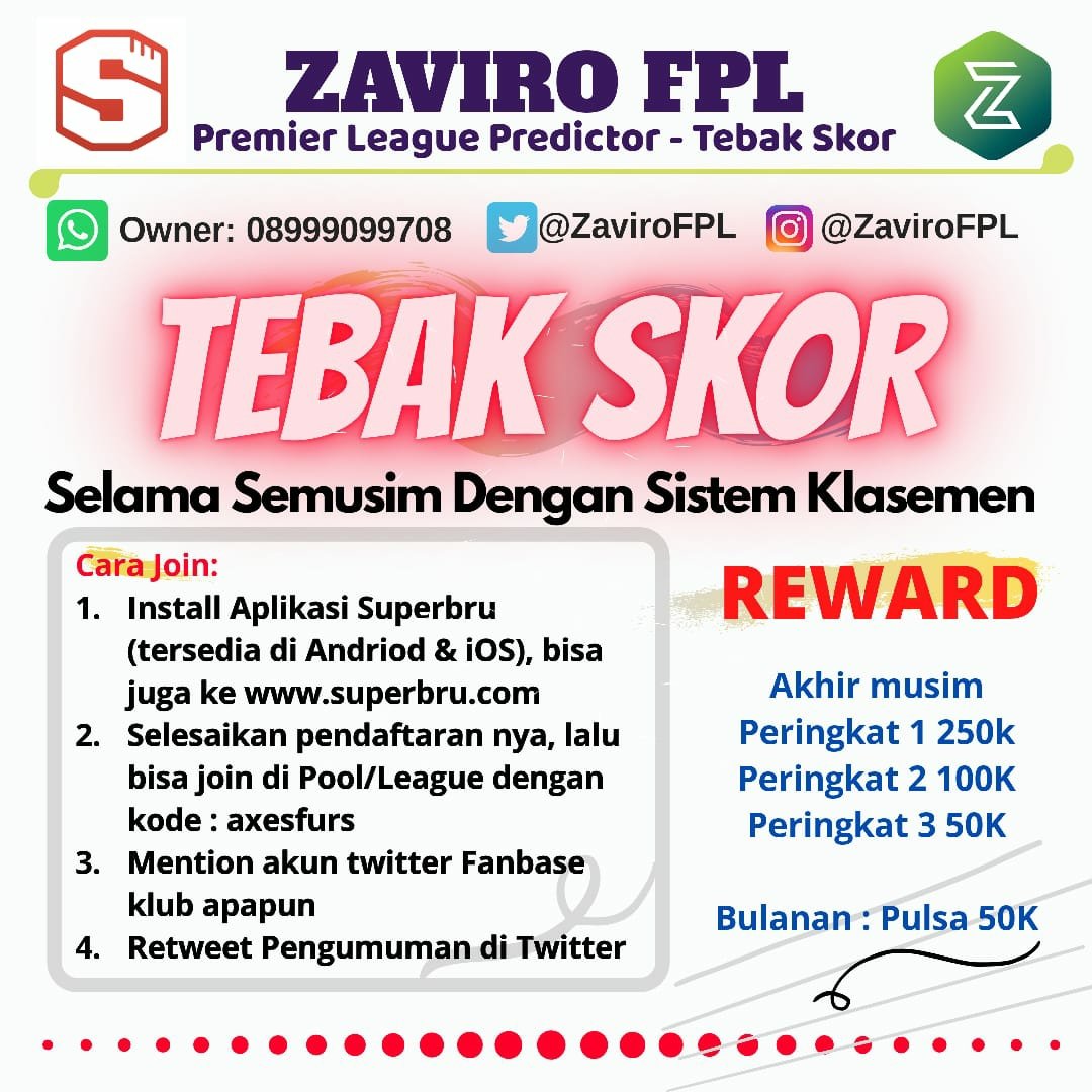 ZaviroFPL's tweet photo. - ZAVIRO PREMIER LEAGUE PREDICTOR- 

1. Instal Aplikasi Superbru/web https://t.co/JMbYGPuOQ6
2. Join Pool/League dengan kode: axesfurs atau search ZAVIRO
3. Mention 1 Akun twitter fanbase klub bola aktif seperti ChelseaIndo,JCIndonesia,
4. Retweet

Sedikit peserta tetap jalan. 😁 https://t.co/kqguX5eGJw