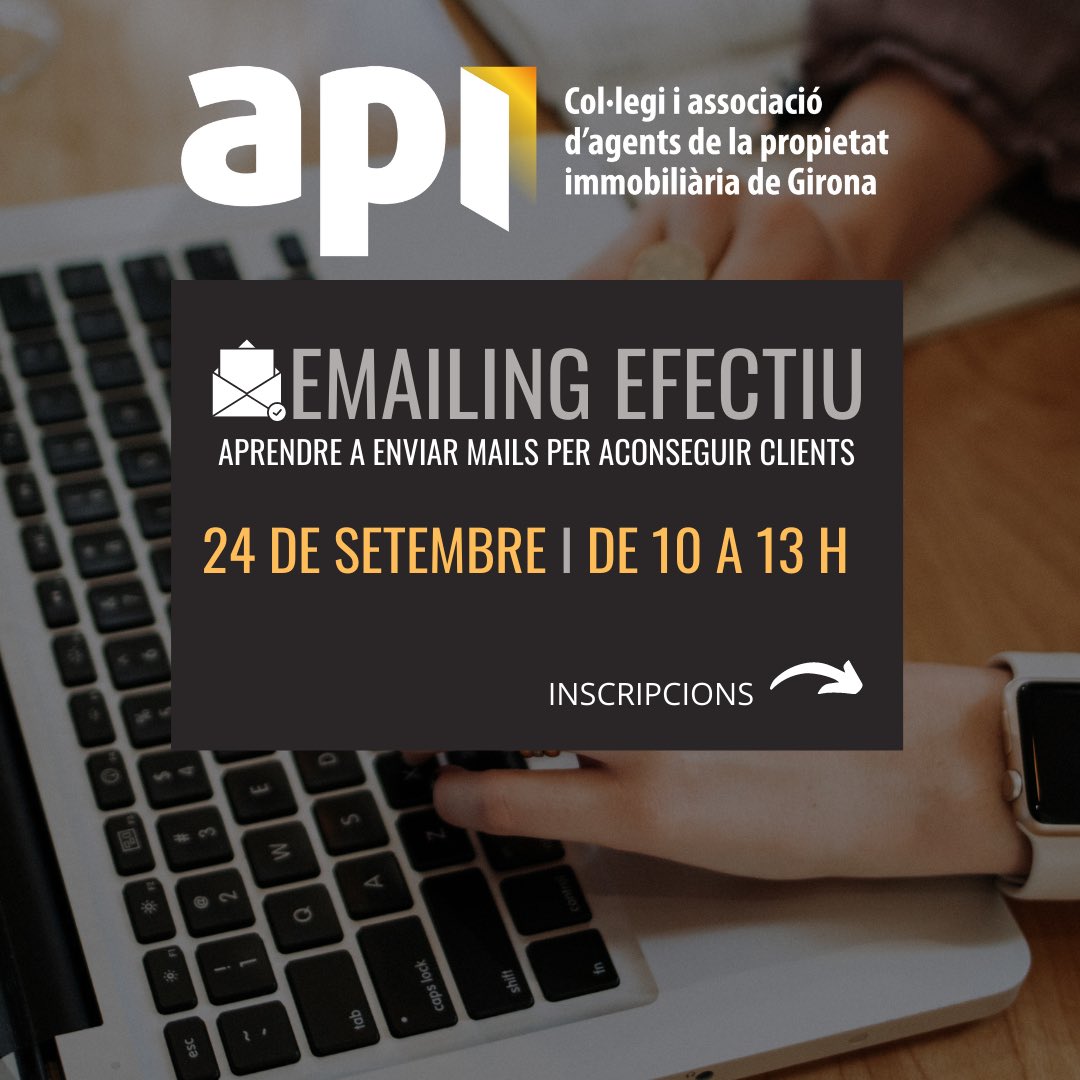 HousesCatalonia's tweet image. apigirona: Vols aprendre com atraure clients enviant mails? Vine!

🗓 24 de setembre
🕤 de 10 h a 13 h
📍@apigirona 
👩🏻‍💼 @EmmaLlensa 

ℹ️ apigirona.com/cat/api/curs/6…

#formacióAPI #apigirona