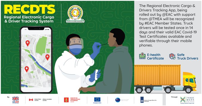 jumuiya's tweet image. #EAC launches Regional Electronic Cargo and Driver Tracking System (RECDTS), a surveillance system to monitor long distance truckers and enable contact tracing while allowing Partner States to electronically share truck drivers’ COVID-19 test results #RECDTSLAUNCH #COVID19