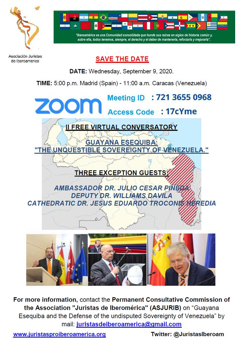 A través nuestro Presidente Dr Andrés Guerrero 
<a href="/PresASJURIB/">Andrés Guerrero</a>, la Comisión Permanente Consultiva de <a href="/JuristasIberoam/">Juristas de Iberoamérica - ASJURIB (CPN)</a> sobre Guayana Esequiba y Defensa indiscutible Soberanía de Venezuela, recordamos II Conversatorio mañana: 
📍9 SEPTIEMBRE 2020 - 5 h p.m. Madrid / 11 h a.m. Caracas