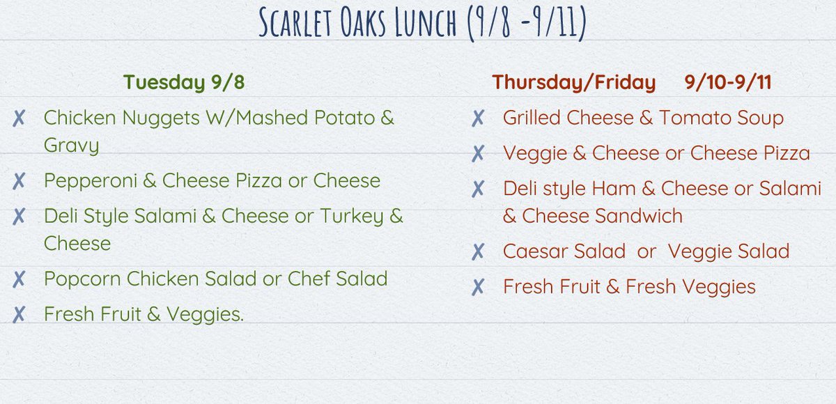 Happy Tuesday! Here is the Scarlet Oaks lunch schedule for this week.