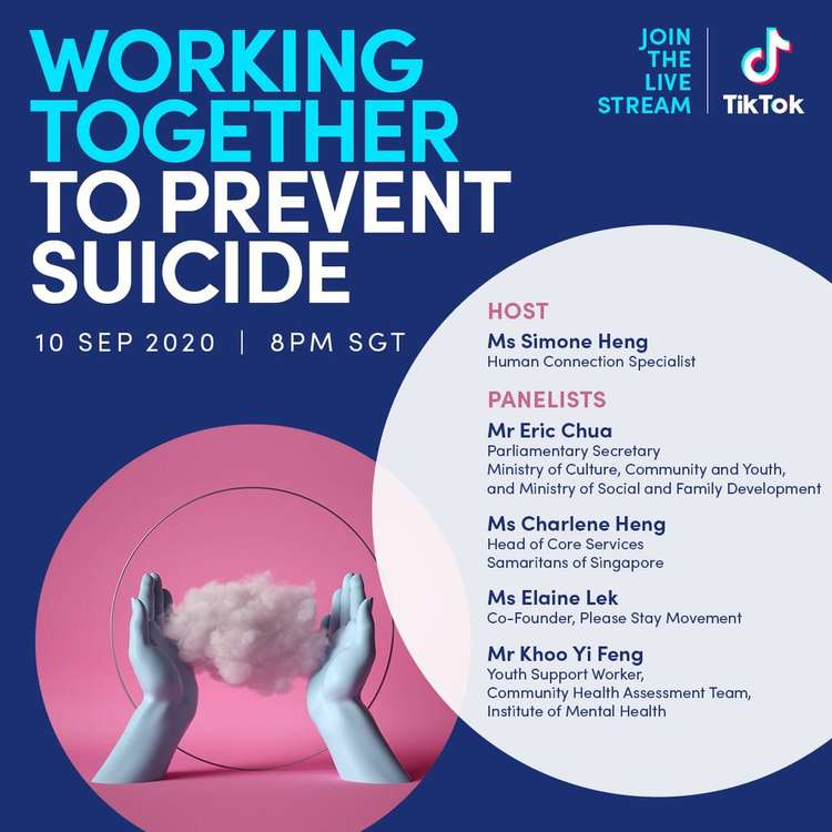 TikTokForGood's tweet photo. DID YOU KNOW? Suicide is the leading cause of death for youth aged 10-29 in Singapore.
This #WorldSuicidePreventionDay , join @MCCYsg , @samaritansofsg on TikTok Live as we talk about mental health&amp;suicide prevention.
See you on TikTok this Thursday 10 Sep 8PM SGT!
#TikTokForGood https://t.co/Sjxh7nY85V