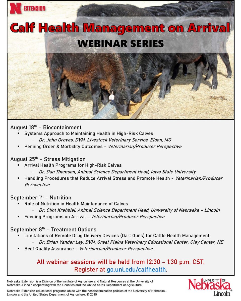 beef_educator's tweet photo. Today (9/8) 1230 CT. Calf Health on Arrival Webinar features UNL Veterinarian Brian Vander Ley discusses dart guns for cattle health management.
https://t.co/Tox0KHcd0z
#UNLBeefExt
#NebExtBeef https://t.co/jo9upEOrgF