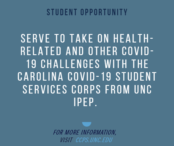 Take on COVID-19 Health and Community Challenges with the Carolina COVID-19 Student Service Corps from <a href="/unc_ipe/">Office of Interprofessional Education & Practice</a> #PublicService buff.ly/2Z3T7D0