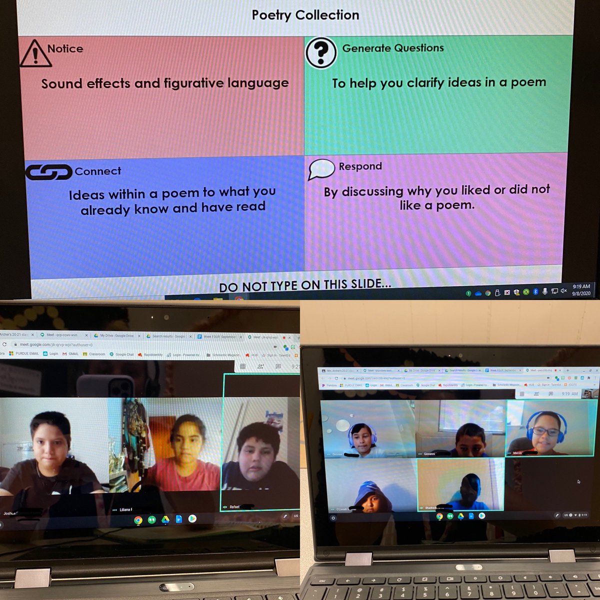 teamarcher18's tweet photo. Today we annotated during our first read of Poetry Collection and then collaborated in small groups to share our thinking. #wearereaders #noticings #virtualsmallgroups #room31family #wayneathome #wearewayne @CWChamps https://t.co/CCgu7oYMd3
