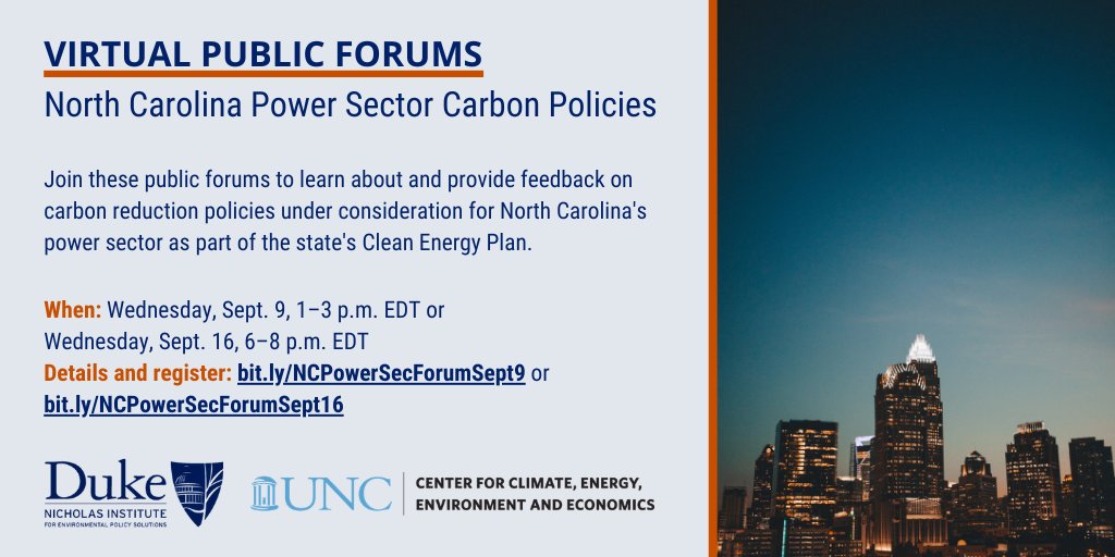 NichInstitute's tweet photo. REMINDER: North Carolinians, there's still time to register for the first of two public forums on potential carbon reduction policies for the power sector as part of the state's #CleanEnergy Plan. Details:

Sept. 9 ➡️ https://t.co/nU41qtj1Av
Sept. 16 ➡️ https://t.co/CwpZScYebh https://t.co/1JgZlNDBs3