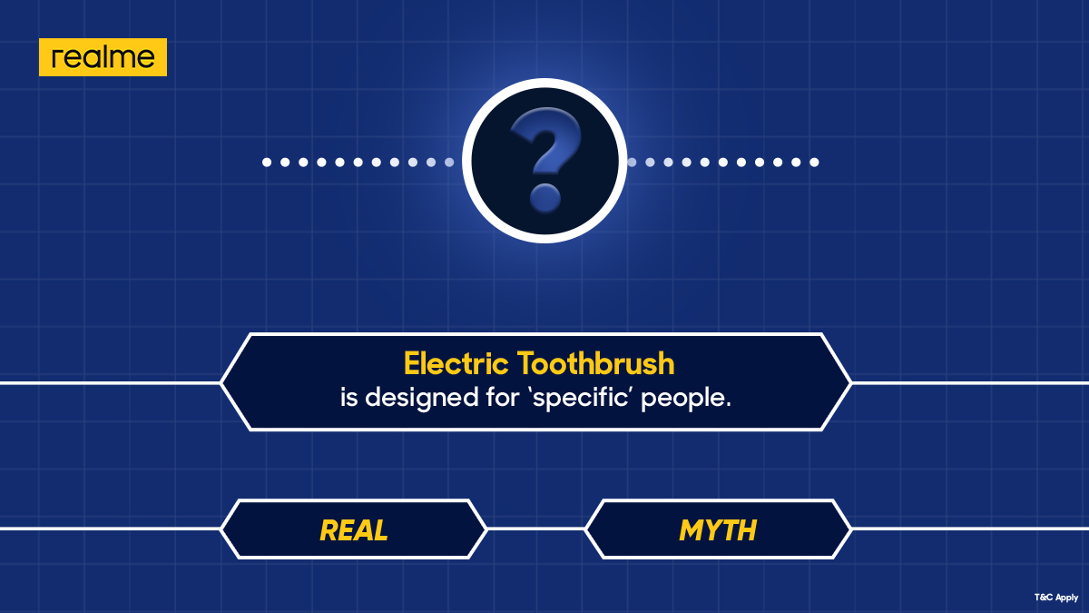 realmenarzoIN's tweet photo. #Contest
Myth or not? Reply with your answers using #RealOrMyth and get one step closer to winning the realme M1 Sonic Electric Toothbrush #ForPerfectOralHealth. https://t.co/eI2nOQP15S