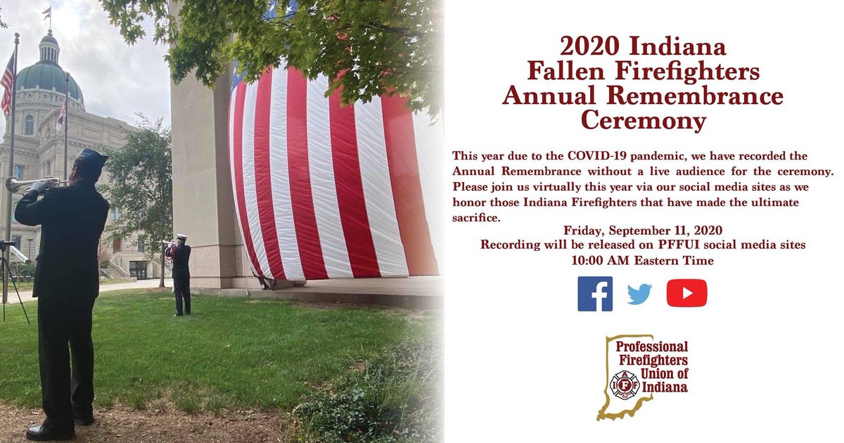 This year due to the #COVID19 pandemic, we have recorded the 2020 Indiana Fallen Firefighters Annual Remembrance Ceremony. Join us Friday, Sept. 11 at 10 AM ET as we release the video of the ceremony, and honor those Indiana firefighters that have made the ultimate sacrifice.