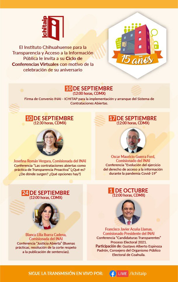 NorteSNT's tweet photo. No te pierdas el "Ciclo de Conferencias Virtuales" con motivo de la celebración del XV aniversario del @ICHITAIPOficial 👩🏻💻👨🏽💻
👥 Participan: @JosefinaRomanV, @OscarGuerraFord, @bl_ibarra y @f_javier_acuna
🎥 Transmisión en vivo por #FBLive del #ICHITAIP https://t.co/VzrZCLFKEN