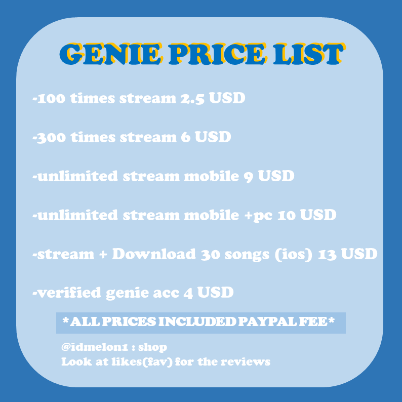 [PRICE FOR STREAMING+ ID]  @idmelon1Here is the price for tuemes who are looking for melon/genie stream package and verified id. *Disclaimer: I’m not a shop owner and don’t get any profit from this, Thai genie team has bought packages from this shop since debut album*  #TREASURE