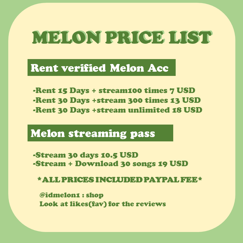 [PRICE FOR STREAMING+ ID]  @idmelon1Here is the price for tuemes who are looking for melon/genie stream package and verified id. *Disclaimer: I’m not a shop owner and don’t get any profit from this, Thai genie team has bought packages from this shop since debut album*  #TREASURE