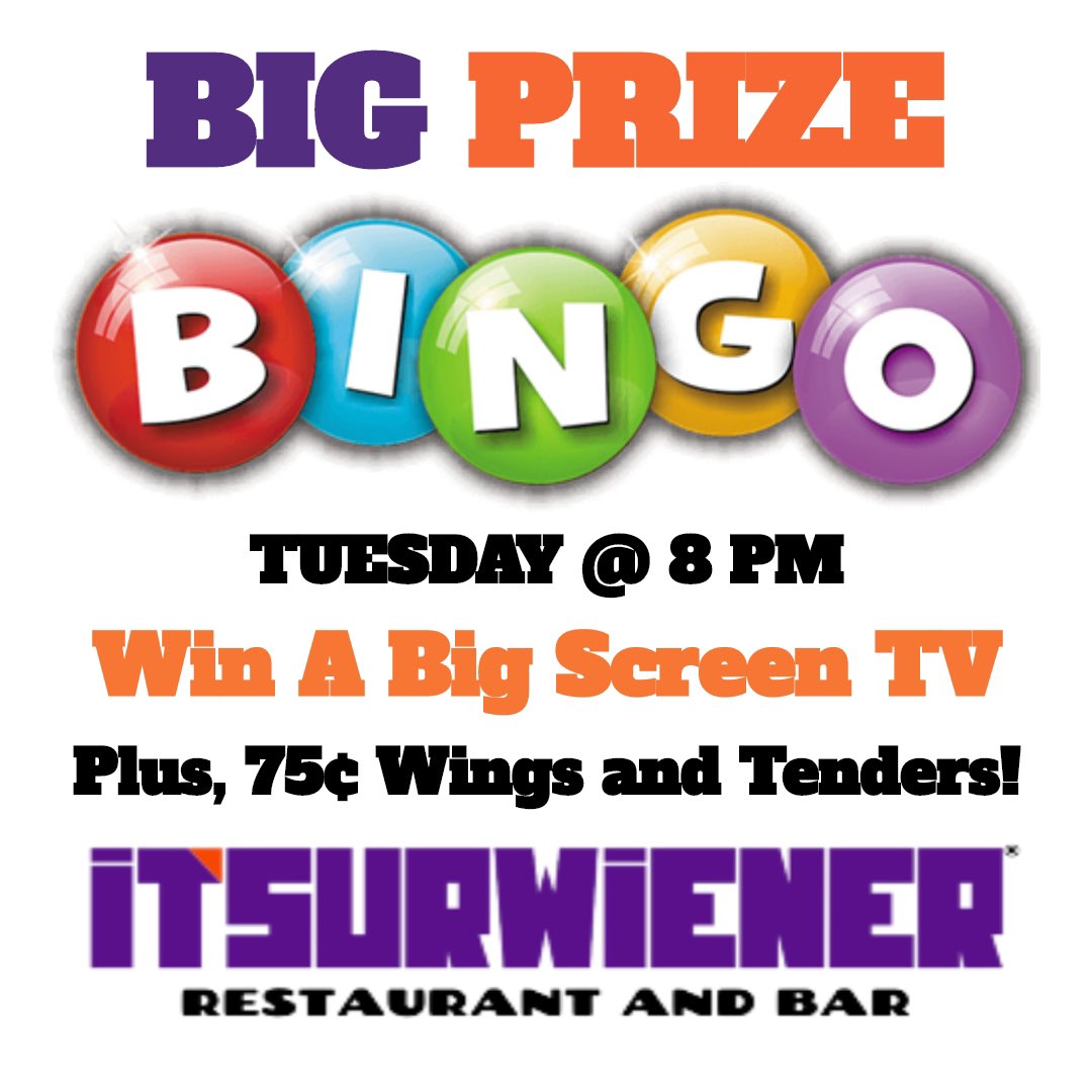 itsurwiener's tweet photo. Big Prize Bingo starts at 8 PM with great prizes including a 43” TV! Plus, 75 Cents Wings and Tenders! Swipe to see prizes! https://t.co/dL18dc5njB