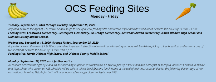 OldhamCoSchools's tweet photo. OCS will offer free breakfast &amp; lunch to any child between the ages of 2 &amp; 18, starting today and lasting until December 31, 2020 (not including holidays). Visit our Facebook page for additional details.
https://t.co/5dtC4zNKa3 https://t.co/hvKWnKRKPR
