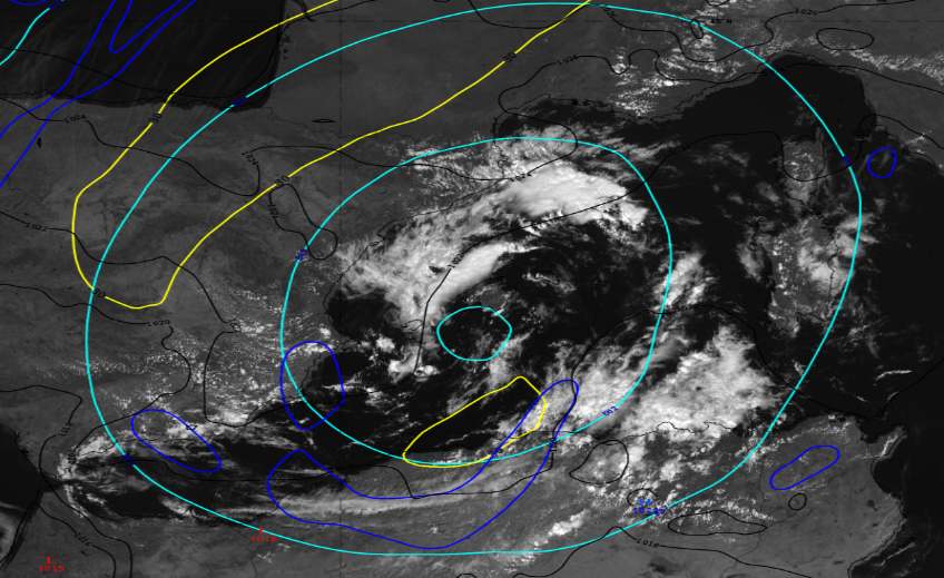 RAM_meteo's tweet photo. Ambiente poco favorable para la formación de un #medicane  :
- Fuerte viento en altura cerca de la baja 60-70 kt en 300 hPa (amarillo) --> cizalladura del viento
- Ausencia de una baja en superficie germen del #Medicane 
- Presencia de cierta baroclinidad /frente incipiente TFP https://t.co/IuATm0eSgU