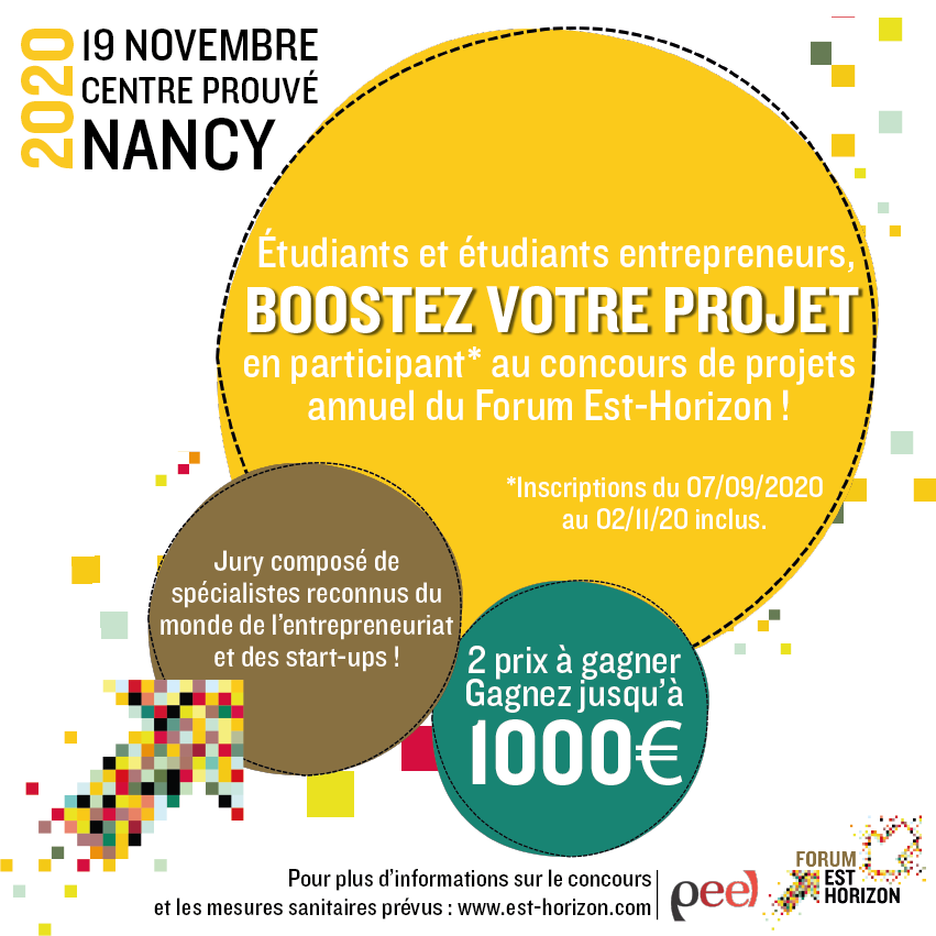 Le <a href="/ForumEstHorizon/">Forum Est-Horizon</a> et le <a href="/PeelLorraine/">Le PeeL</a> organisent un #concours d'entrepreneuriat. Si vous êtes porteur d’un projet, venez convaincre notre jury et remportez un de nos prix. Pour vous inscrire et découvrir les modalités, rendez-vous sur est-horizon.com/concoursprojet…
