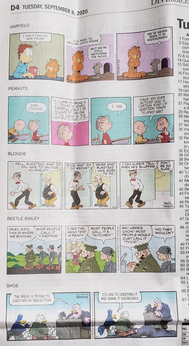 Top half of today's comics page is mostly evergreen and non-topical, although Garfield is 21st Century-specific while still not acknowledging COVID-19 reality.(I don't know if Garfield has yet, and I am WAITING for it.)