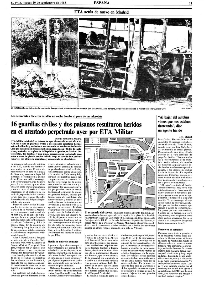MemorialVT's tweet photo. Recordamos al ciudadano norteamericano y ejecutivo EUGENE KENNETH BROWN🇺🇸herido por ETA-m en Madrid, 9 septiembre 1985. Los terroristas explosionaron una bomba al paso de un autobús con 24 agentes @guardiacivil Hubo 16 heridos. Brown murió dos días después @MicAndBro @tenredtoes https://t.co/XslQ0ZS9yf