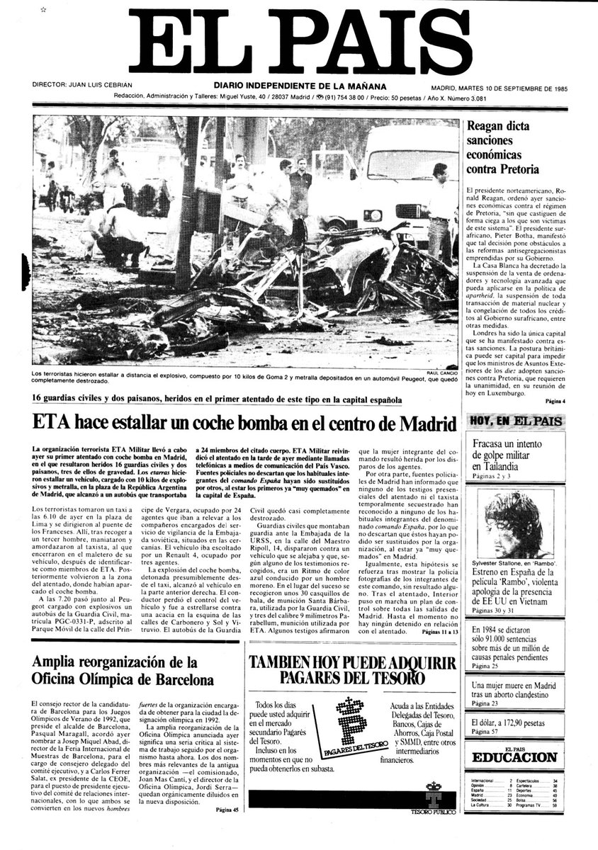 MemorialVT's tweet photo. Recordamos al ciudadano norteamericano y ejecutivo EUGENE KENNETH BROWN🇺🇸herido por ETA-m en Madrid, 9 septiembre 1985. Los terroristas explosionaron una bomba al paso de un autobús con 24 agentes @guardiacivil Hubo 16 heridos. Brown murió dos días después @MicAndBro @tenredtoes https://t.co/XslQ0ZS9yf