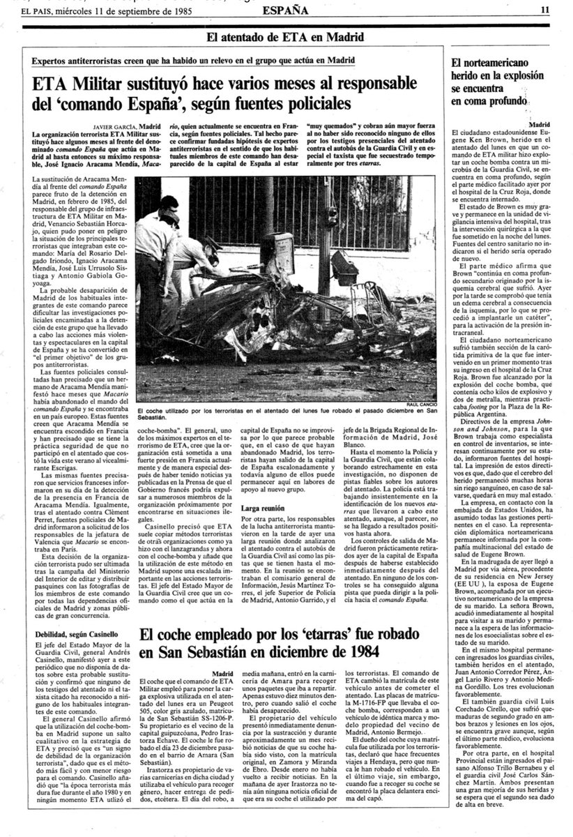 MemorialVT's tweet photo. Recordamos al ciudadano norteamericano y ejecutivo EUGENE KENNETH BROWN🇺🇸herido por ETA-m en Madrid, 9 septiembre 1985. Los terroristas explosionaron una bomba al paso de un autobús con 24 agentes @guardiacivil Hubo 16 heridos. Brown murió dos días después @MicAndBro @tenredtoes https://t.co/XslQ0ZS9yf