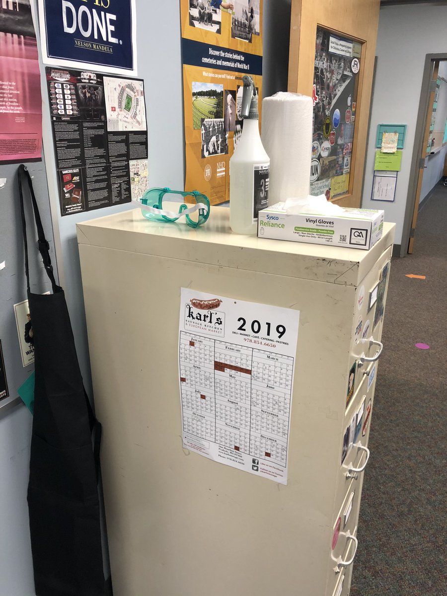 MrShaneGower's tweet photo. Got my cleaning garb and supplies all ready for the six times a day I have to disinfect student desks and chairs. #socstudme #safetyinschool #COVID19 https://t.co/nHPH9yZSHK
