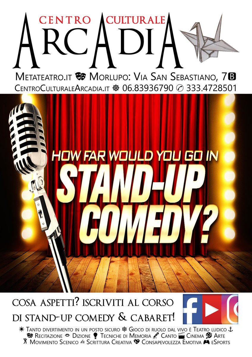 morlupo's tweet photo. Cosa aspetti? Iscriviti al corso di Stand-up comedy &amp; Cabaret!
Il corso è rivolto a chi è interessato alla comicità in tutti i suoi aspetti e le sue applicazioni. 
Ⓒ🅔🅝🅣🅡🅞 Ⓒ🅤🅛🅣🅤🅡🅐🅛🅔 🅰🆁🅲🅰🅳🅸🅰
📞 06.83936790 📱 333.4728501
🎭🎵 https://t.co/ZYzTl5RRqY 🎙️🎤 https://t.co/UzndPjeiS4