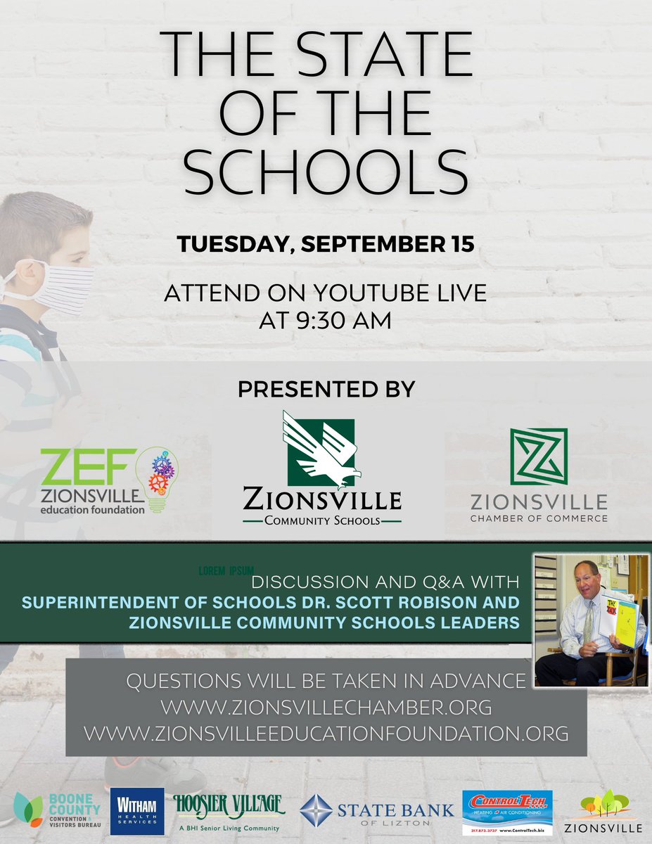Join us for the 4th annual State of the Schools Tues. 9/15 at 9:30am via YouTube Live. Dr. Scott Robison and a ZCS panel will give an overview of the schools and answer your submitted questions: ow.ly/jhU950BkKCu
Join us on 9/15 at this link: ow.ly/bv4j50BkKCv