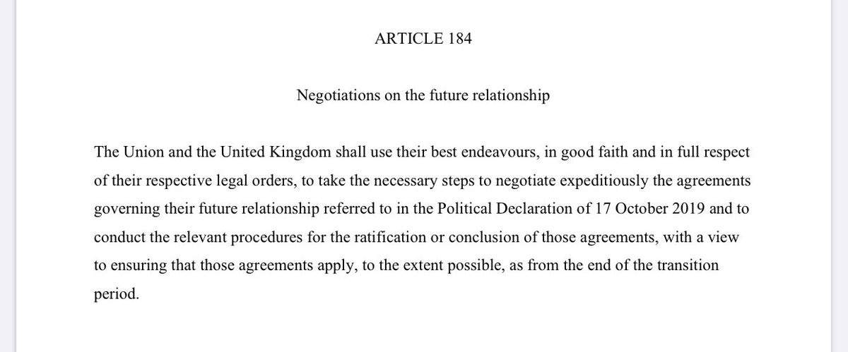 Firstly there’s Article 184 of the WA that commits the UK & the EU to negotiate in “good faith” on the future relationship. /2 #Brexit
