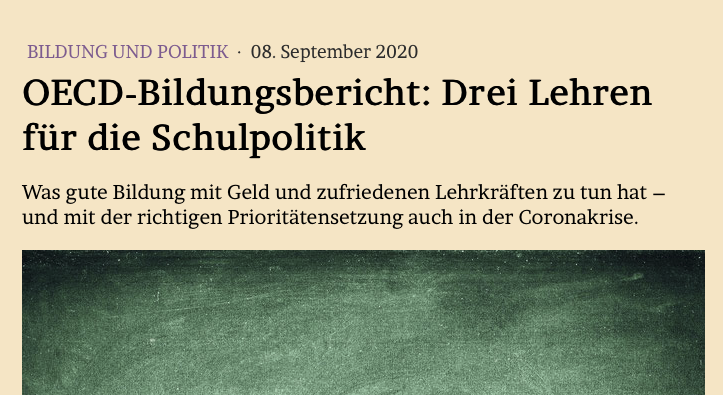 JMWiarda's tweet photo. #OECD-Bildungsbericht: Drei Lehren für die Schulpolitik

Was gute #Bildung mit Geld und zufriedenen Lehrkräften zu tun hat – und mit der richtigen Prioritätensetzung auch in der #Coronakrise. #educationataglance

Im Blog: https://t.co/CrXybUB0vQ https://t.co/s3o5LBeL9X