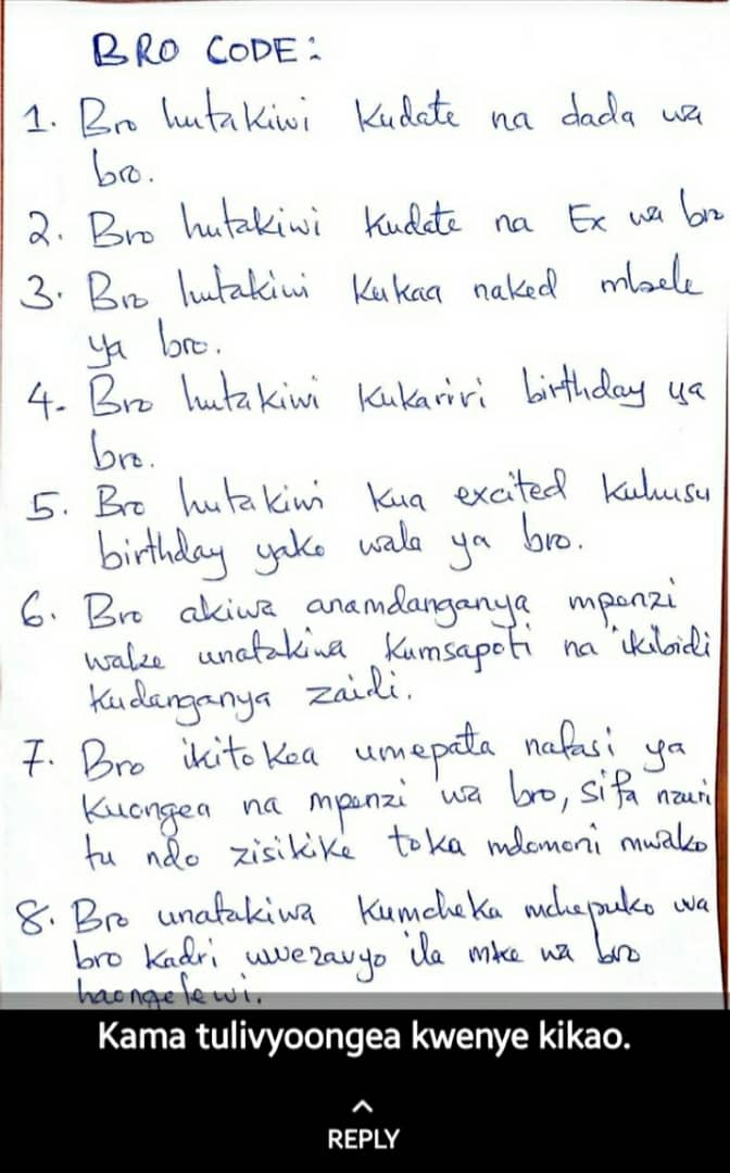 the_gifted_man's tweet photo. Bro Code

@MarekaMalili 
@LusakoWaKwanza 
@bajabiri 
@MhubiriWaTaifa 
@Vet_doctor87 https://t.co/JwZm1Ctf7O