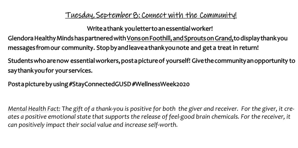 JoyDunn21's tweet photo. Physically Distant • Emotionally Connected #wellnessweek2020 #stayconnectedGUSD @GlendoraUnified Tuesday- Connect with Community https://t.co/BMRAYENrJO