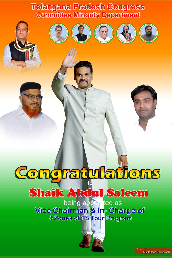 1ghouse's tweet photo. Congratulations  to senior CONGRESS Leader Shaik Abdul Saleem   on being appointed as the  Telangana Prasesh Congress Committee Minorities Vice chairman and In-charg 3 Zone of TS Tour Program..

Best wishes - Mohammed Ghouse https://t.co/J4hhB3kUu3
