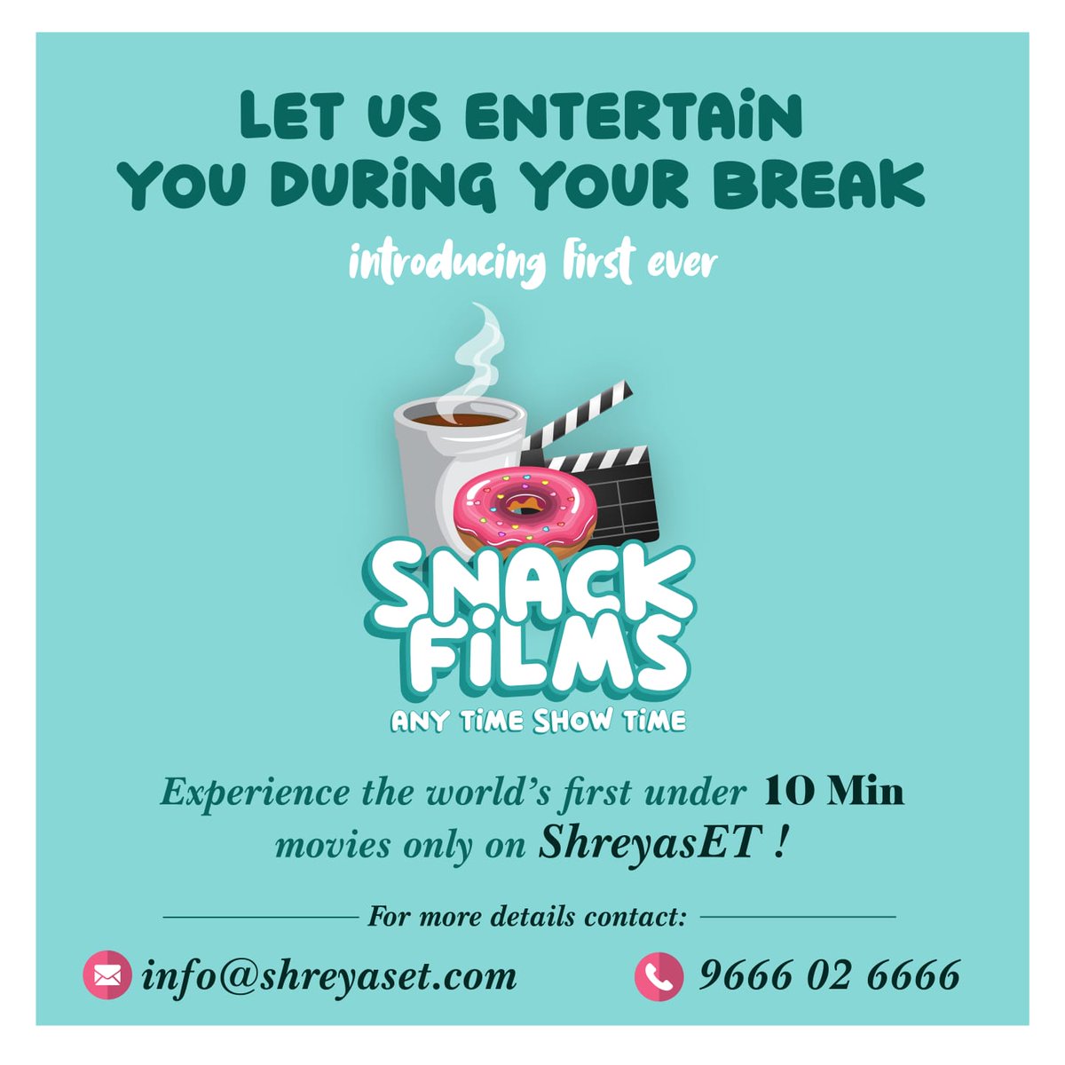 OnceMoreMedia's tweet photo. Get entertainment during your break. Introducing first ever #SnackFilms, Any time show time.
Stay tuned to @shreyaset...!
#AnyTimeShowTime #WorldsFirstATT #ShreyasET #CinePeek https://t.co/WXEIdgftGP
