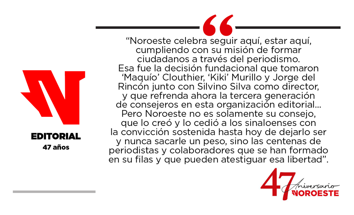 #EDITORIAL ✍️
Hoy en <a href="/noroestemx/">Noroeste</a> estamos de aniversario. Cumplimos 47 años que se dicen fácil, pero han sido una constante lucha para entregarte diariamente un periodismo auténtico. ¡Gracias por acompañarnos! 
👉 Lee más aquí: bit.ly/33bHafM