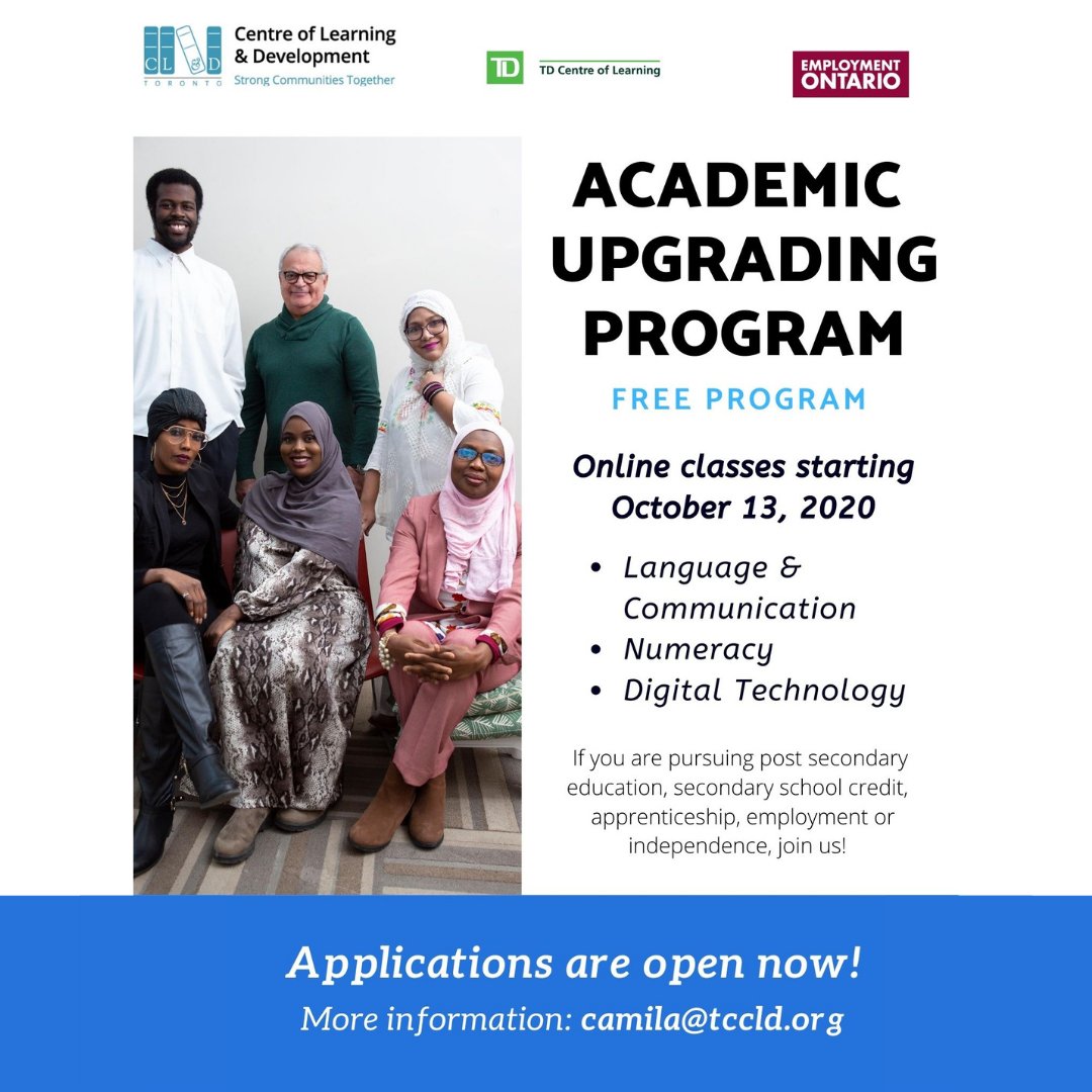 torontocld's tweet photo. Are you interested in pursuing post-secondary education, secondary school credit, apprenticeship, employment, or independence?

Contact camila@tccld.org for more information on our upcoming #AcademicUpgrading program! We can't wait to learn with you! 📚 https://t.co/d82u9fKhx8