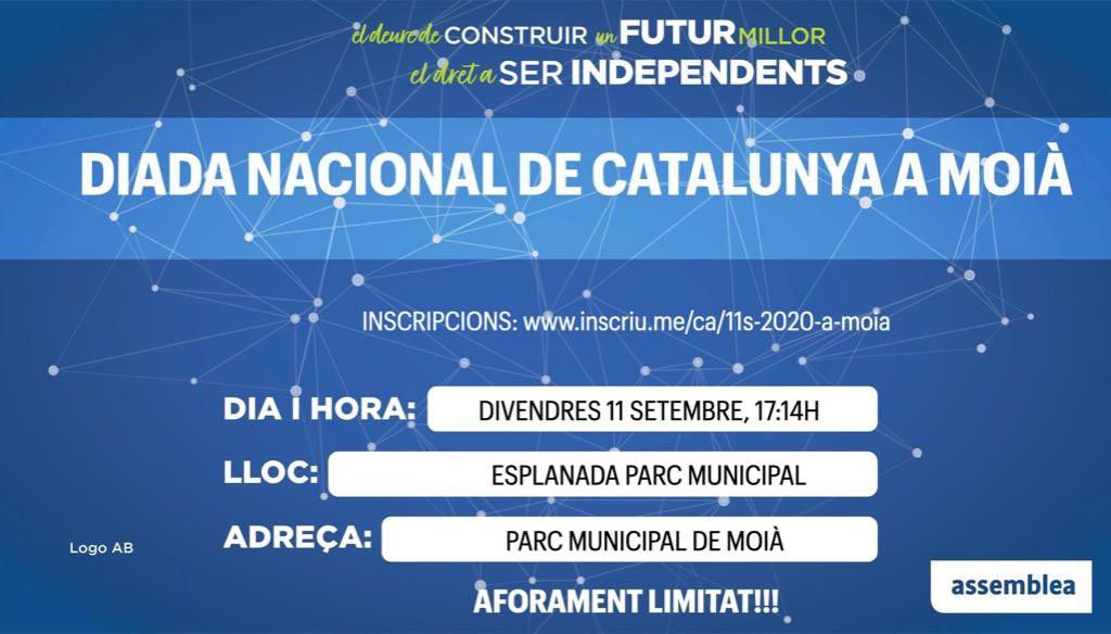 Diada Nacional de Catalunya a Moià!
🗓Divendres 11
🕓A partir de les 16h
📍Parc Municipal (esplanada)

✅Música i Parlaments
👉🏻Aforament limitat!!!

Inscripcions👇🏼

inscriu.me/ca/11s-2020-a-…