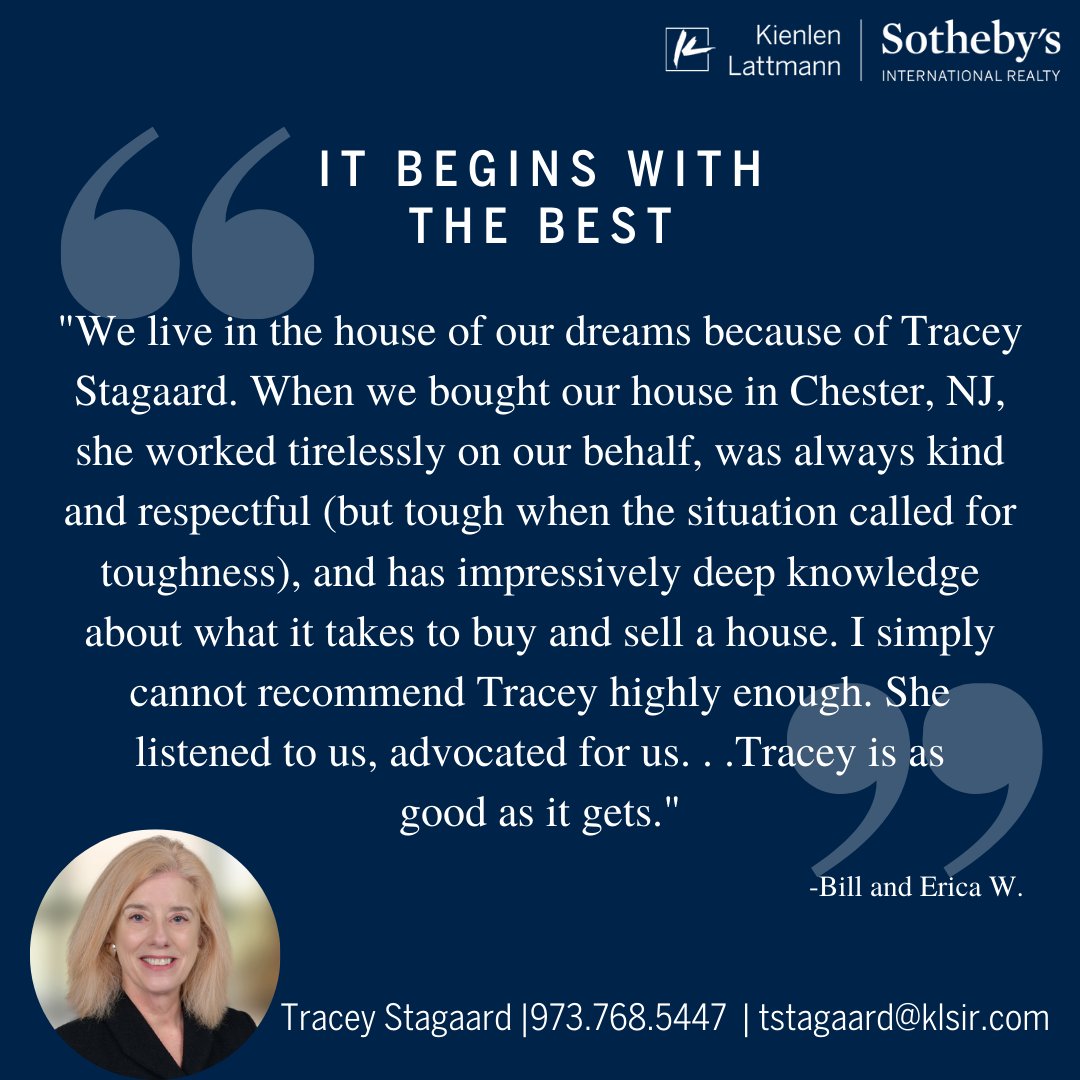 KLSIR1's tweet photo. We strive for excellence and work hard to provide you with some of the best agents in your area.

Learn more about Tracey Stagaard at https://t.co/2TcXW0CJPS

#baskingridgenj #personalservice #realestateprofessional #listyourhome #njrealestate #realestate #sothebysrealty https://t.co/Kvs9xeylrr