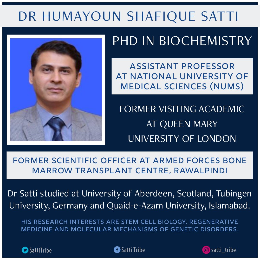 SattiTribe's tweet photo. Dr Humayoun Shafique Satti 
PhD (Biochemistry) 
Assistant Professor NUMS
Former visiting academic QMUL 
Former Scientific Officer AFBMT 

Further details 👉 https://t.co/CNDwZY47xQ https://t.co/YVvZ85Xl9h