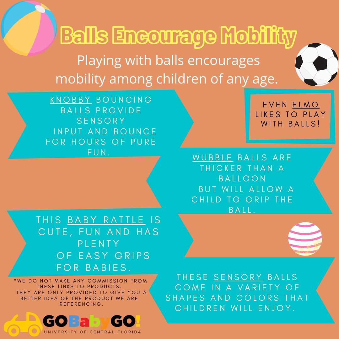 UCF_GoBabyGo's tweet photo. Playing with balls encourages mobility among children of any age. 
Elmo (https://t.co/gx0TxcRU5H)
Sensory balls (https://t.co/e3pFBIGfB2)
Knobby bouncing balls (https://t.co/WWkXhI8UpH)
Wubble balls (https://t.co/fezPeIMoeY)
Baby Rattle (https://t.co/msAIWmx9I6) https://t.co/TR0nbW1EWm