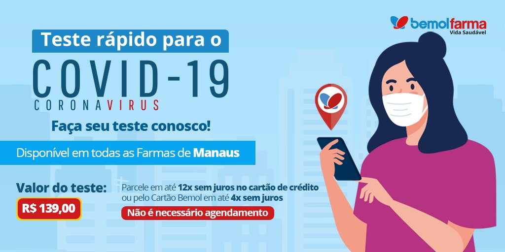 BemolFarma's tweet photo. Faça seu teste de Covid conosco! Agora disponível em todas as Farmas de Manaus. Parcele em até 12x no cartão de crédito ou em até 4x no cartão Bemol. Não é necessário agendamento! ❤😊
⠀
#BemolFarma #VidaSaudável #Hilab https://t.co/f709S64ViN